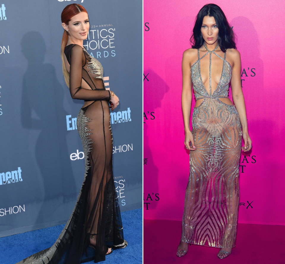 <p>Wenn Stoff eigentlich gar keiner mehr ist: Transparenzlooks konnten sich auf dem roten Teppich auch 2016 durchsetzen - inzwischen, wie hier an Bella Thorne, gerne auch mal ganz ohne Unterwäsche oder mit Nude-Höschen wie an Bella Hadid. (Bilder: Getty Images) </p>