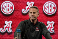 Alabama NCAA college basketball head coach Nate Oats speaks during Southeastern Conference Media Days, Wednesday, Oct. 18, 2023, in Birmingham, Ala. (AP Photo/Mike Stewart)