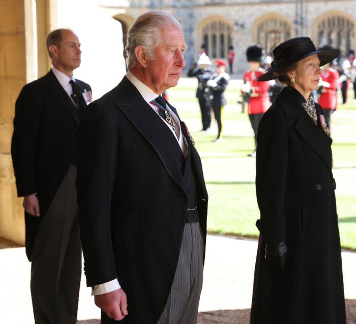 Prince Edward, then-Prince Charles, and Princess Anne at the funeral of Prince Philip, Duke of Edinburgh