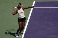 Mar 27, 2018; Key Biscayne, FL, USA; Sloane Stephens of the United States serves against Angelique Kerber of Germany (not pictured) on day eight of the Miami Open at Tennis Center at Crandon Park. Mandatory Credit: Geoff Burke-USA TODAY Sports