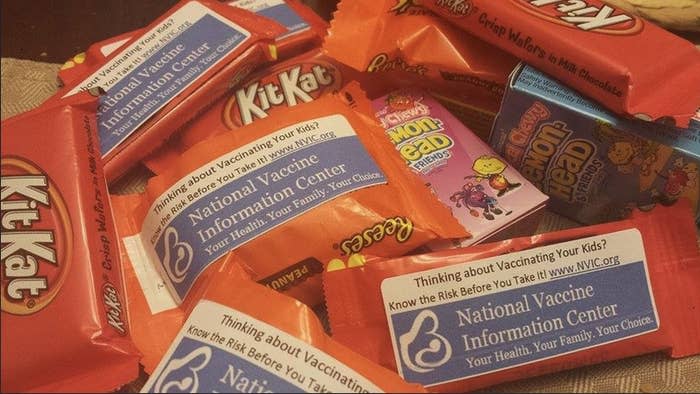 Anti-vax stickers on Halloween candy