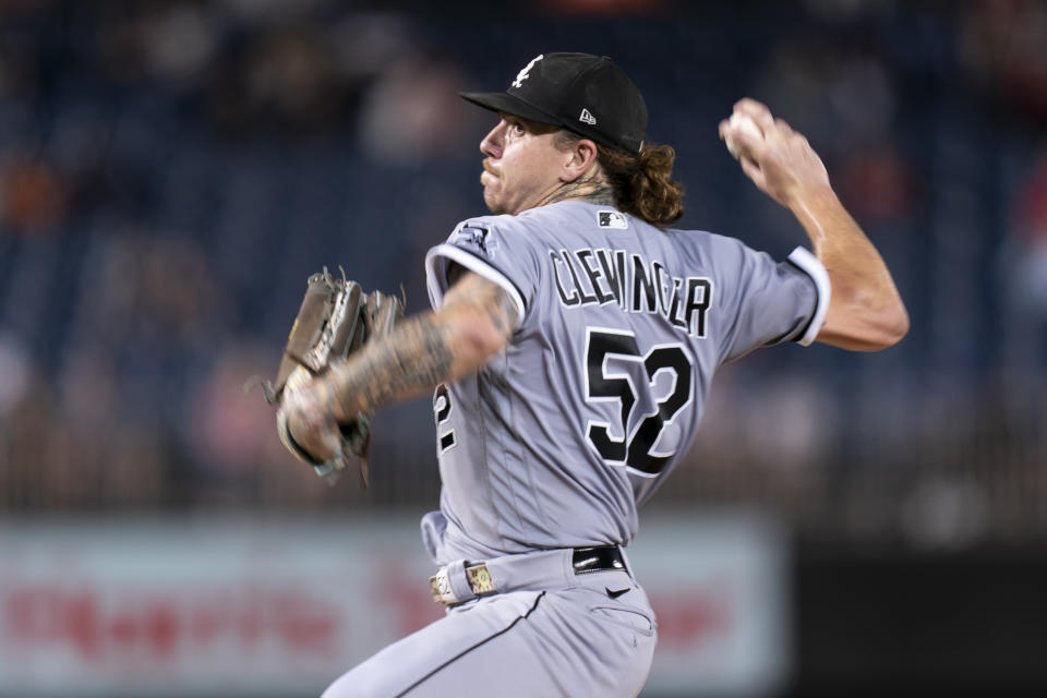 FILE - Chicago White Sox starting pitcher Mike Clevinger delivers during the seventh inning of the team's baseball game against the Washington Nationals, Sept. 18, 2023, in Washington. The White Sox declined their $15 million club option on closer Liam Hendriks on Friday, Nov. 3. The White Sox also said Clevinger had declined his $12 million mutual option. (AP Photo/Stephanie Scarbrough, File)