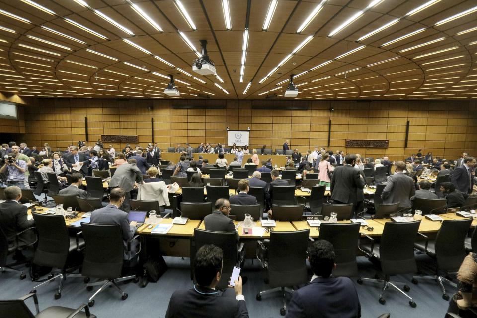 General view of the board of governors meeting of the International Atomic Energy Agency, IAEA, at the International Center in Vienna, Austria, Wednesday, July 10, 2019. (AP Photo/Ronald Zak)