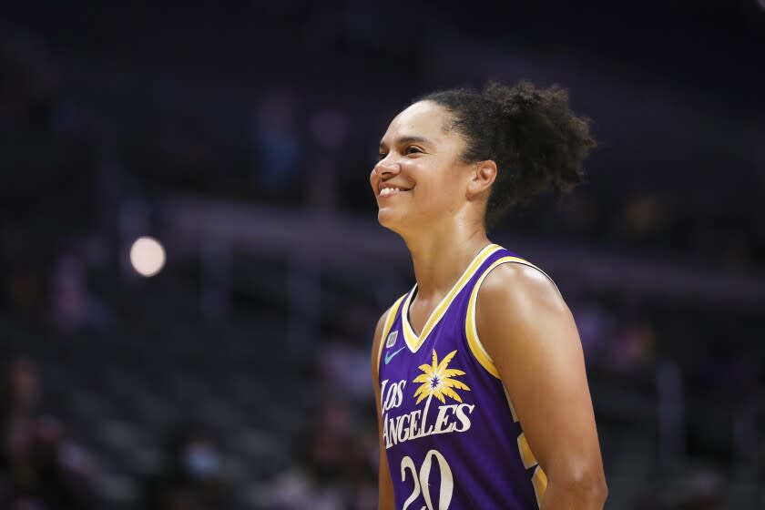 LOS ANGELES, CALIFORNIA - AUGUST 19: Kristi Toliver #20 of the Los Angeles Sparks looks on during the game against the Atlanta Dream at Staples Center on August 19, 2021 in Los Angeles, California. NOTE TO USER: User expressly acknowledges and agrees that, by downloading and or using this photograph, User is consenting to the terms and conditions of the Getty Images License Agreement. (Photo by Meg Oliphant/Getty Images)