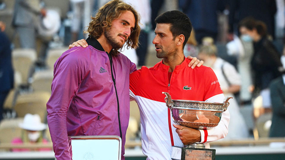 Seen here, Novak Djokovic consoles beaten French Open finalist Stefanos Tsitsipas.