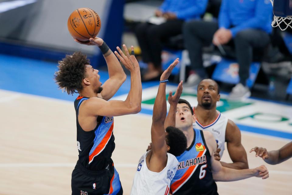 Oklahoma City's Charlie Brown Jr. puts up a shot over the Clippers' Yogi Ferrell on May 16, 2021, during an NBA game between the Los Angeles Clippers and the Oklahoma City Thunder.