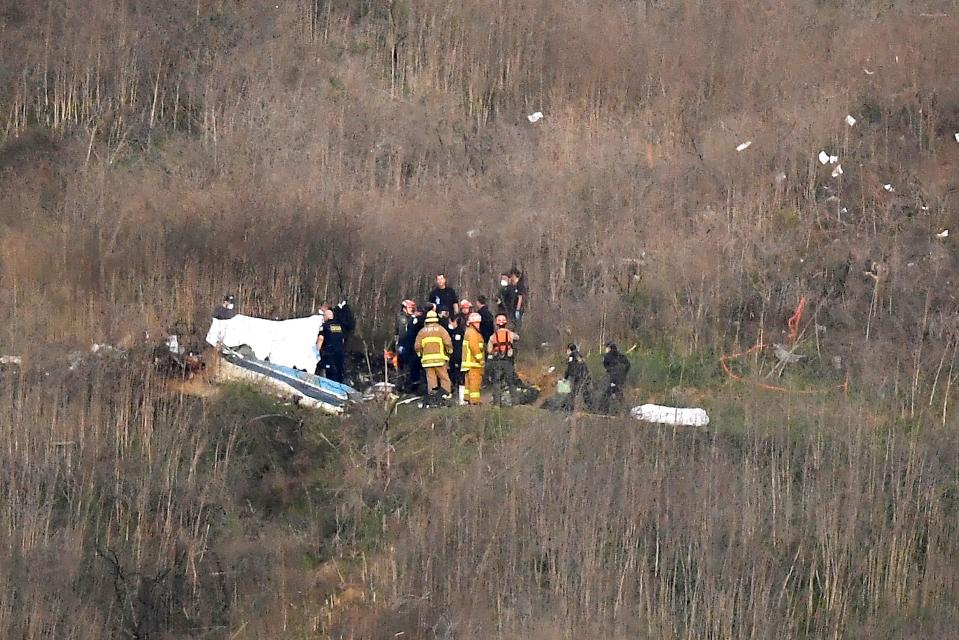 First responders are on the scene of the helicopter crash that killed Kobe Bryant and eight others in January 2020.