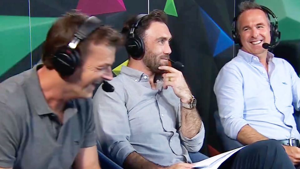 Adam Gilchrist laughs as Glenn Maxwell looks dumbfounded.