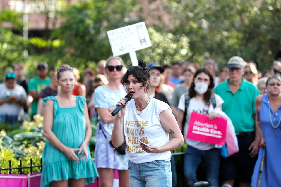 Coco Papy speaks Friday June 24, 2022 during an abortion rights rally in Johnson Square.