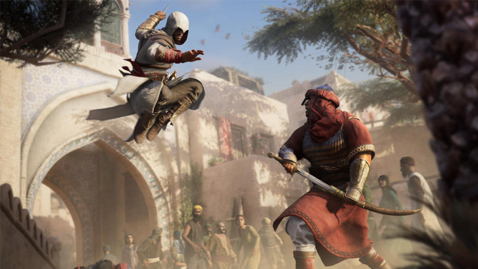 Apple Gaming; an assassin character leaps at a swordsman in a desert