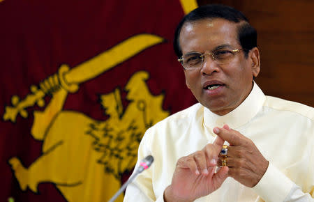 FILE PHOTO: Sri Lanka's President Maithripala Sirisena speaks during a meeting with Foreign Correspondents Association at his residence in Colombo, Sri Lanka November 25, 2018. REUTERS/Dinuka Liyanawatte/File Photo