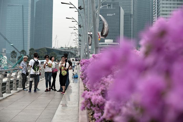 Tourists walk along the Nicoll bridge in Singapore on October 15, 2014. People have raised thousands to compensate a Vietnamese visitor who was scammed