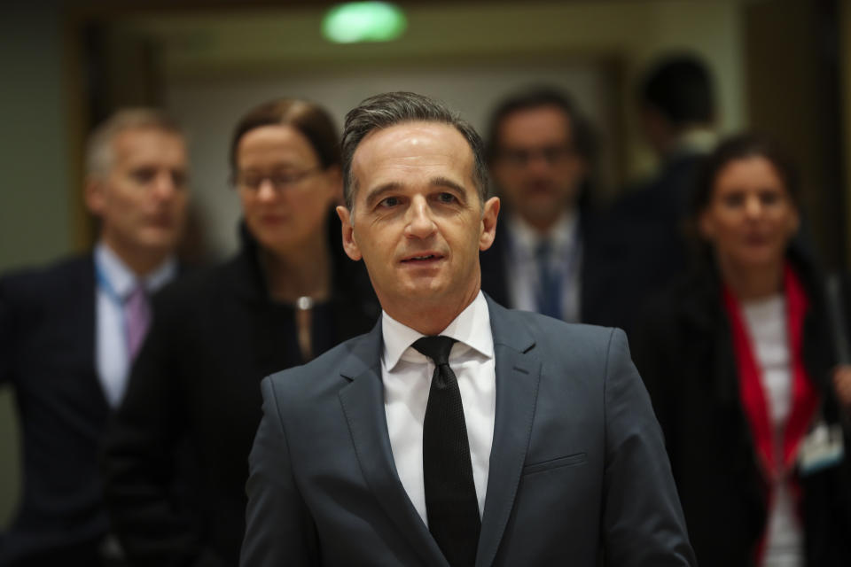 Germany's Foreign Minister Heiko Maas arrives to an European Foreign Affairs Ministers meeting at the Europa building in Brussels, Monday, Nov. 11, 2019. European Union foreign ministers are discussing ways to keep the Iran nuclear deal intact after the Islamic Republic began enrichment work at its Fordo power plant. (AP Photo/Francisco Seco)