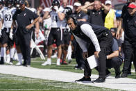 Cincinnati head coach Luke Fickell watches during the first half of an NCAA college football game against Indiana, Saturday, Sept. 18, 2021, in Bloomington, Ind. (AP Photo/Darron Cummings)