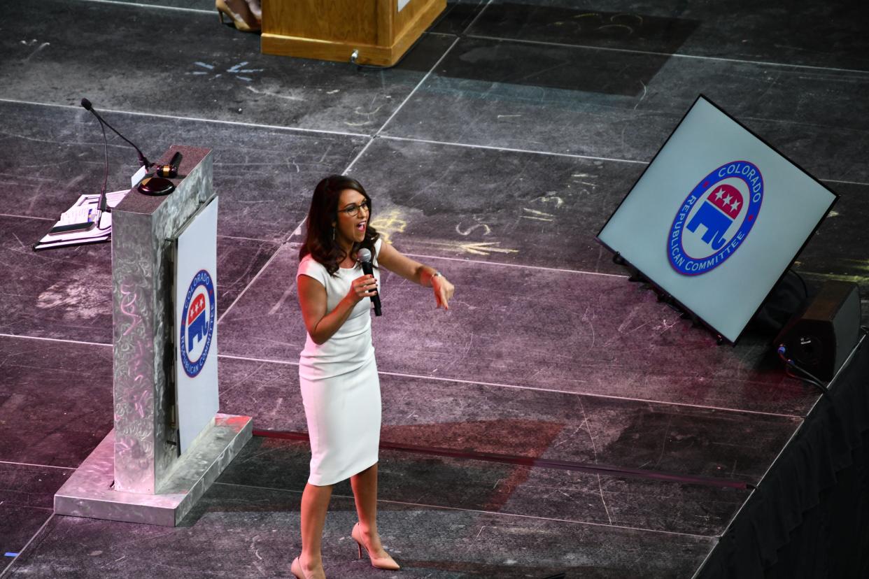 U.S. Rep. Lauren Boebert addresses thousands of delegates at the Republican Party's state assembly in Colorado Springs, Colo., on Sat., April 9, 2022.