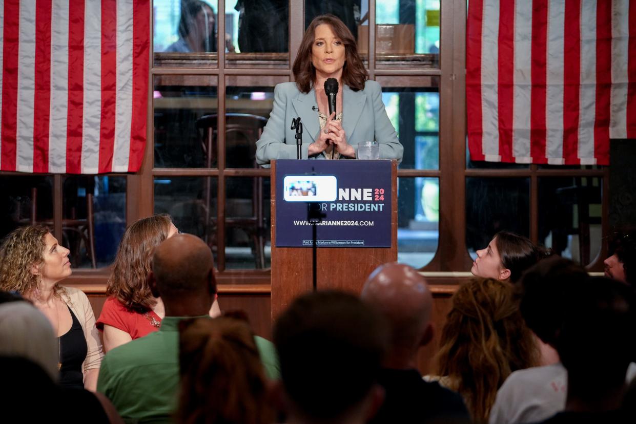 Marianne Williamson holds a fundraiser and meet and greet with supporters at Busboys and Poets on May 11, 2023. Williamson ran for the 2020 Democratic nomination and plans to run again for President in 2024.