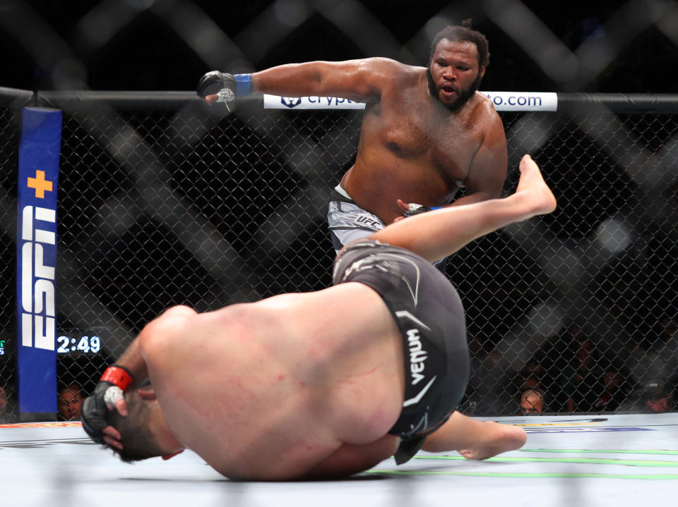 Nov 6, 2021; New York, NY, USA; Gian Villante (red gloves) competes against Chris Barnett (blue gloves) during UFC 268 at Madison Square Garden. Mandatory Credit: Ed Mulholland-USA TODAY Sports