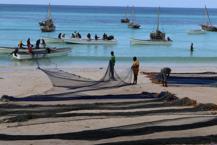 <span class="caption">Small-scale fishers of Zanzibar attending their driftnets.</span> <span class="attribution"><span class="source">Per Berggren/Marine MEGAfauna Lab/Newcastle University</span>, <span class="license">Author provided</span></span>
