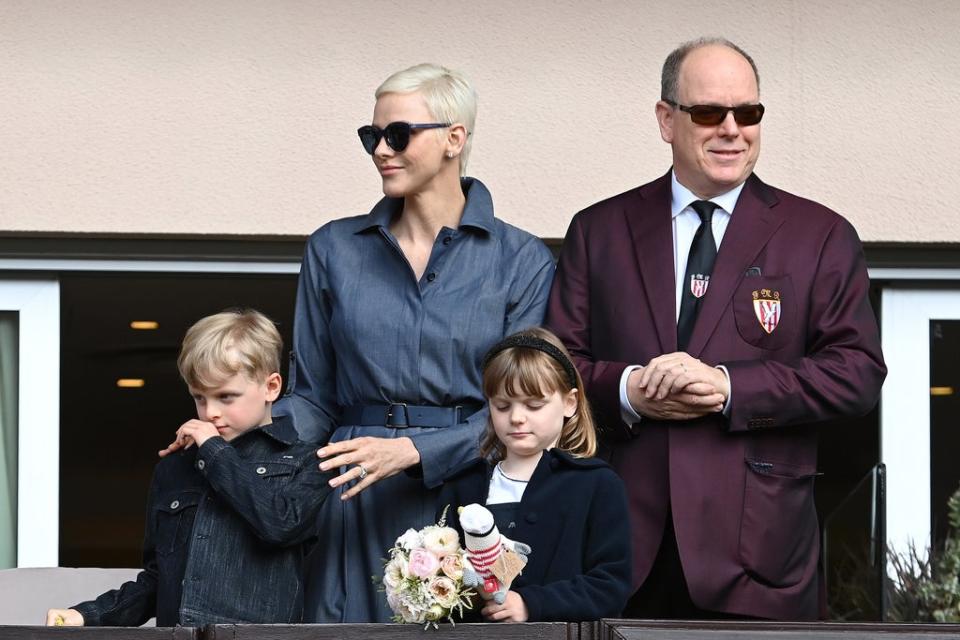 Charlene and Albert with children Jacques and Gabriella at the Sainte Devote Rugby Tournament in Monaco on 7 May (Getty)