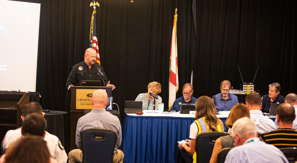 Kevin Guthrie, the Director of Florida Division of Emergency Management speaks during a Sanibel city council meeting at the Crowne Plaza at Bell Tower Shops. The primary talking points on the agenda were about recovery efforts on Sanibel after Hurricane Ian devastated the island. City hall has been moved to the hotel in Fort Myers until further notice.  