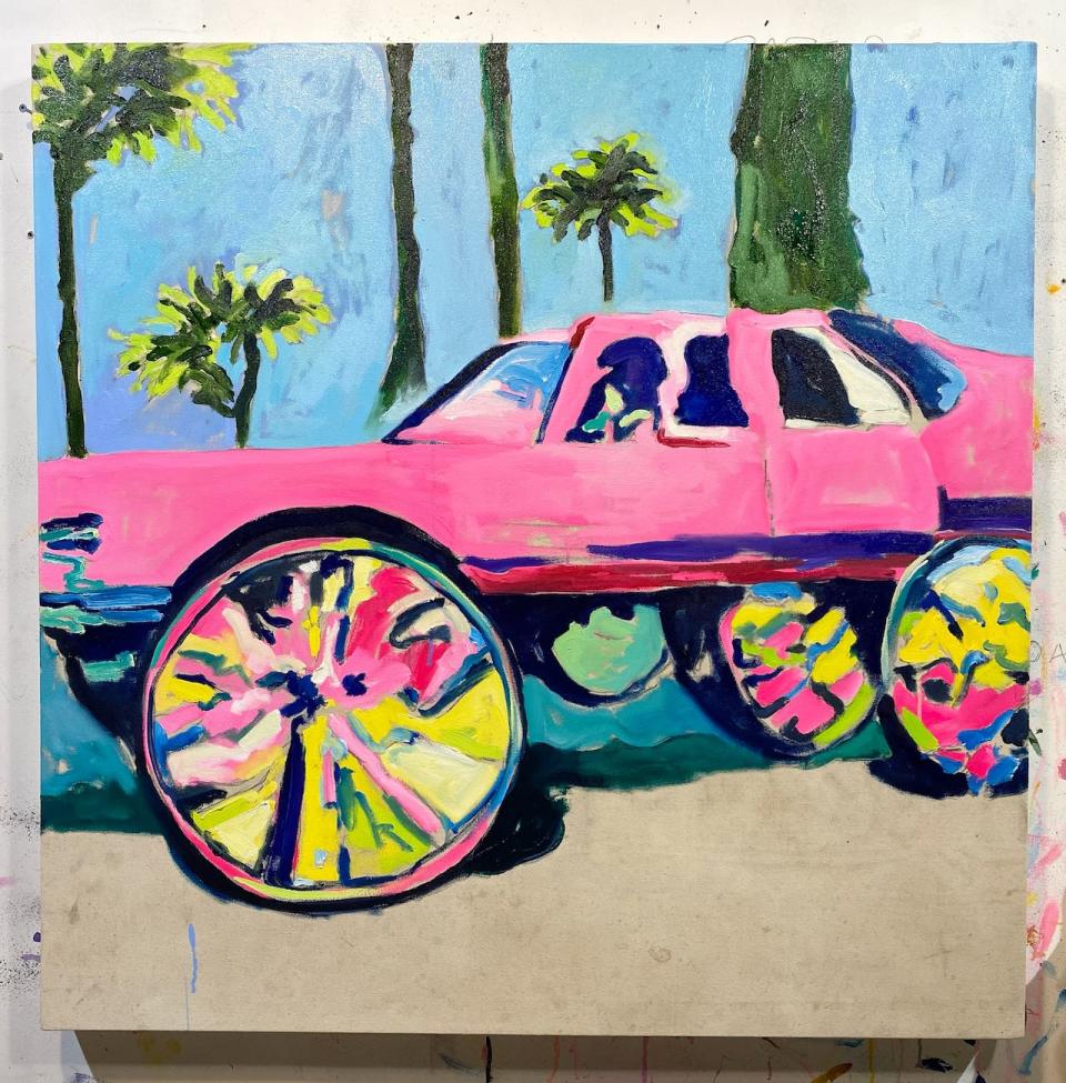 Pink Monk with Palmtrees by Andrew Scott is shown. Scott sells his artwork through his Instagram page.