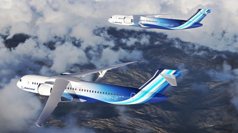 An artist's concept of two Transonic Truss-Braced Wing aircraft in flight.
