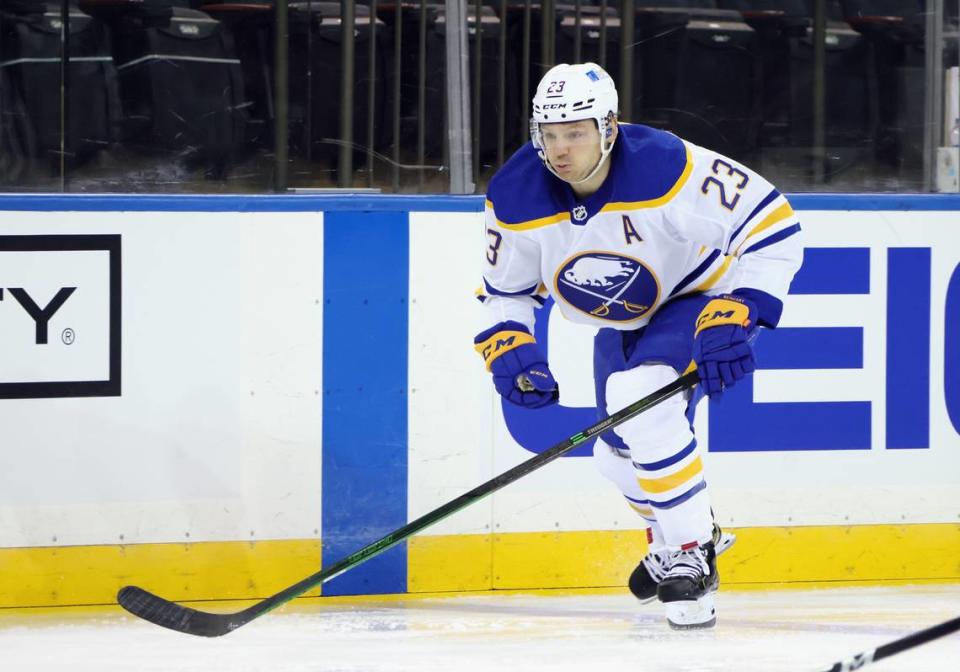 Sam Reinhart #23 of the Buffalo Sabres skates against the New York Rangers at Madison Square Garden on March 22, 2021 in New York City.