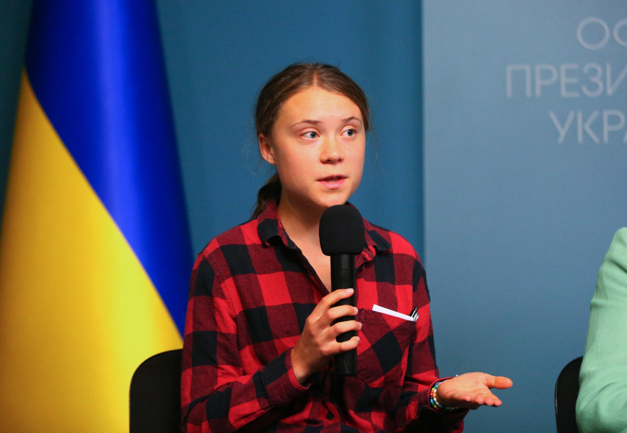 Swedish environmental activist Greta Thunberg attends a media conference in Ukraine. (Photo by STR/NurPhoto via Getty Images)