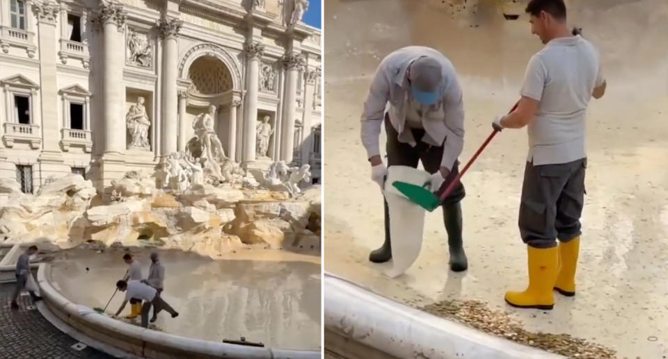 Workers collecting the coins and putting them in white bags in the drained Trevi Fountain. 
