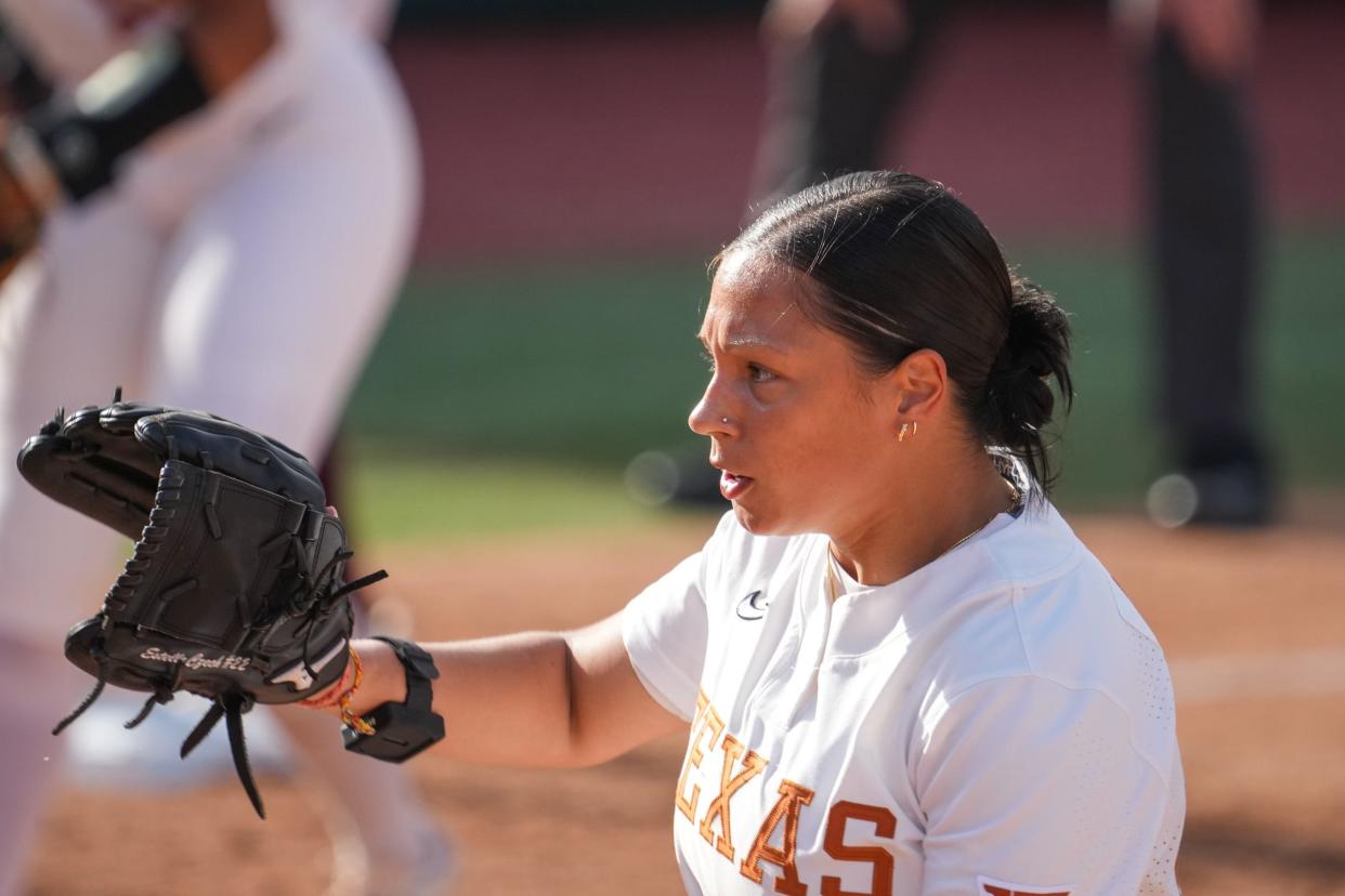 Texas pitcher Estelle Czech prepares to pitch in the Longhorns' 6-4 win over Texas State Wednesday at McCombs Field. Czech came on in relief of Citlaly Gutierrez to earn the win.