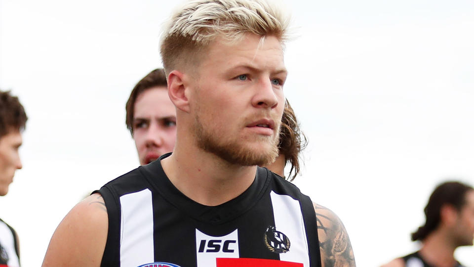 Jordan de Goey is pictured after a AFL pre-season match in 2020.