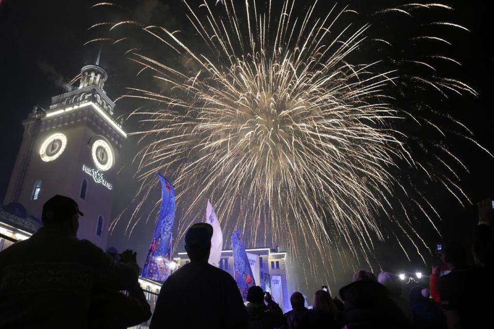 Fireworks explode after the live broadcast of the opening ceremony of the 2014 Winter Olympics, Friday, Feb. 7, 2014, in Krasnaya Polyana, Russia. (AP Photo/Jae C. Hong)