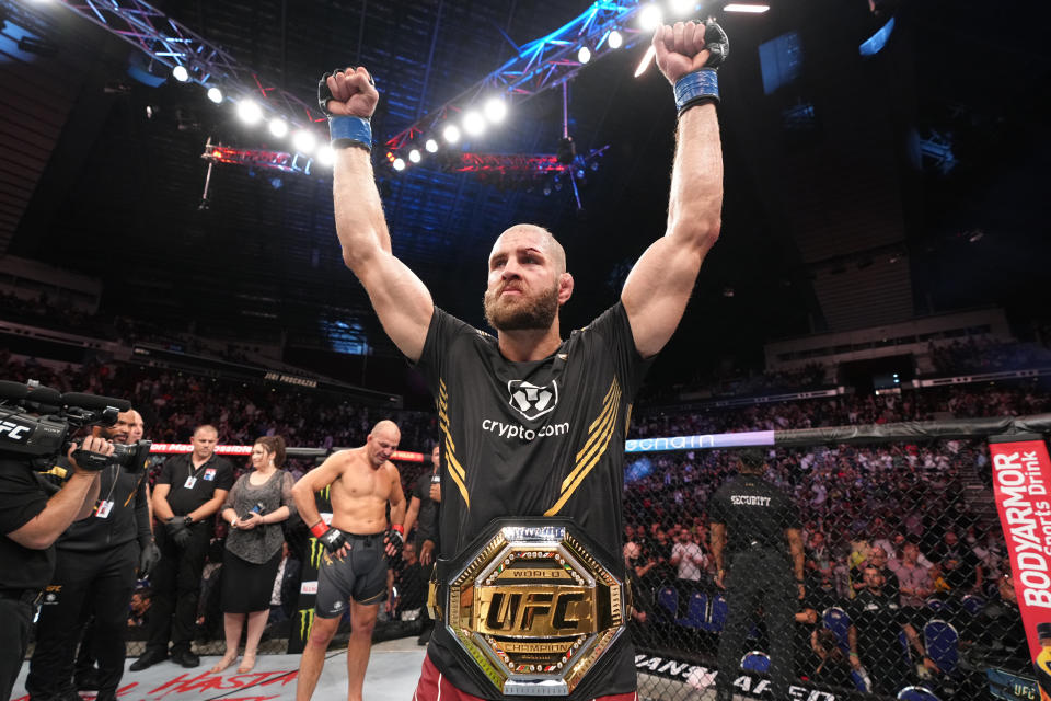 SINGAPORE, SINGAPORE - JUNE 12: Jiri Prochazka of Czech Republic celebrates after his submission victory over Glover Teixeira of Brazil in the UFC light heavyweight championship fight during the UFC 275 event at Singapore Indoor Stadium on June 12, 2022 in Singapore. (Photo by Jeff Bottari/Zuffa LLC)