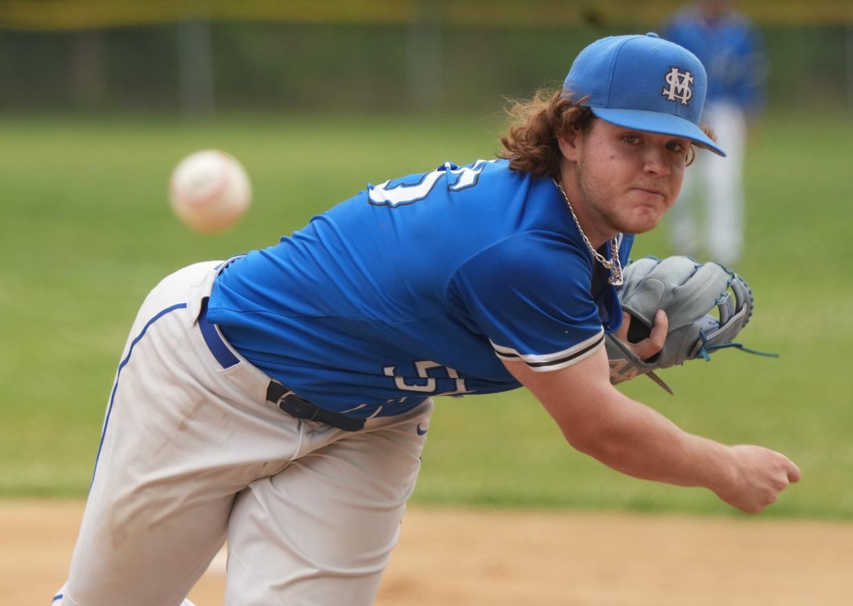 Rutherford, NJ - June 3, 2023 — Blayze Conte of St. Marys pitching in the first inning as St. Marys edged Rutgers Prep 4-3 with a walk off hit in the bottom of the 7th inning to win the North Non-Public B final played in Rutherford.