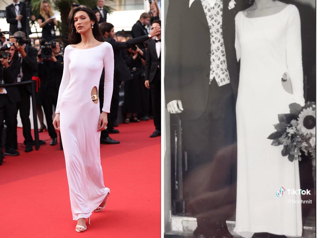 collage of Bella Hadid at Cannes Film Festival in white Gucci dress and a screenshot of a TikToker's mother at her wedding in the same dress in black-and-white