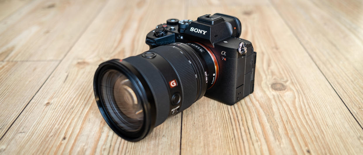  The Sony A7R V angled on a table. 