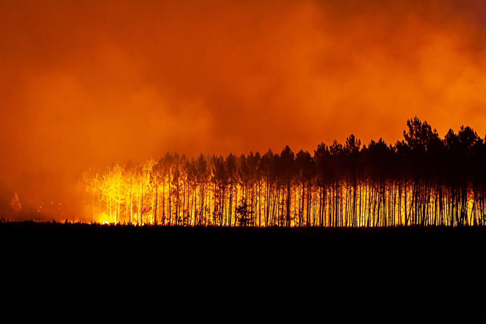 FILE - This photo provided by the fire brigade of the Gironde region SDIS 33, (Departmental fire and rescue service 33) shows a wildfire burning near Saint-Magne, south of Bordeaux, southwestern France, Aug. 12, 2022. The season of heat waves and wildfires produced excellent grapes, despite lower yields. (SDIS 33 via AP, File)