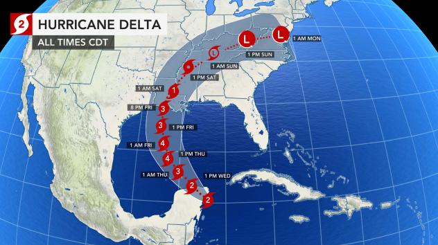 Hurricane Delta eye path Oct. 6