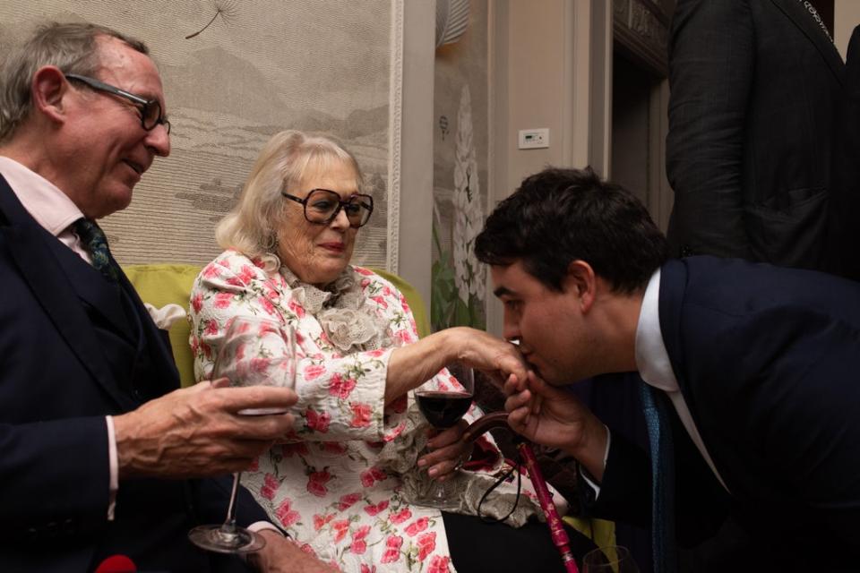 AN Wilson watches as Arthur Heath-Taylor pays his respects to Lady Antonia Fraser (Dafydd Jones)