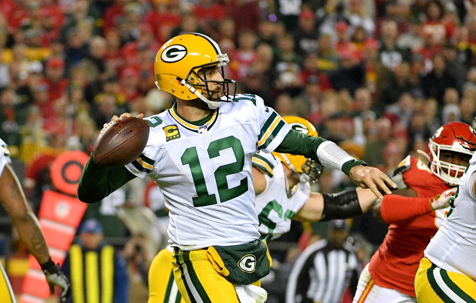 Oct 27, 2019; Kansas City, MO, USA; Green Bay Packers quarterback Aaron Rodgers (12) throws a pass during the first half abasing the Kansas City Chiefs  at Arrowhead Stadium. Mandatory Credit: Denny Medley-USA TODAY Sports