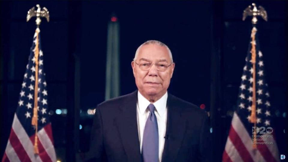 In this screenshot from the DNCC’s livestream of the 2020 Democratic National Convention, Former Secretary of State Colin Powell addresses the virtual convention on August 18, 2020. The convention, which was once expected to draw 50,000 people to Milwaukee, Wisconsin, is now taking place virtually due to the coronavirus pandemic. (Photo by DNCC via Getty Images) (Photo by Handout/DNCC via Getty Images)