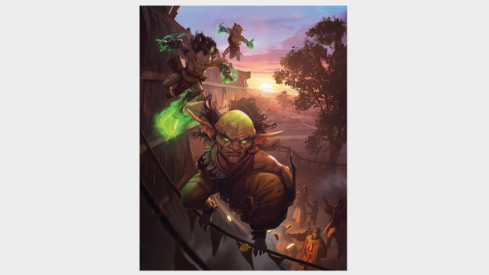 Interior artwork of goblins with glowing green eyes and hands running across the rooftops of a town, from Phandelver and Below: The Shattered Obelisk