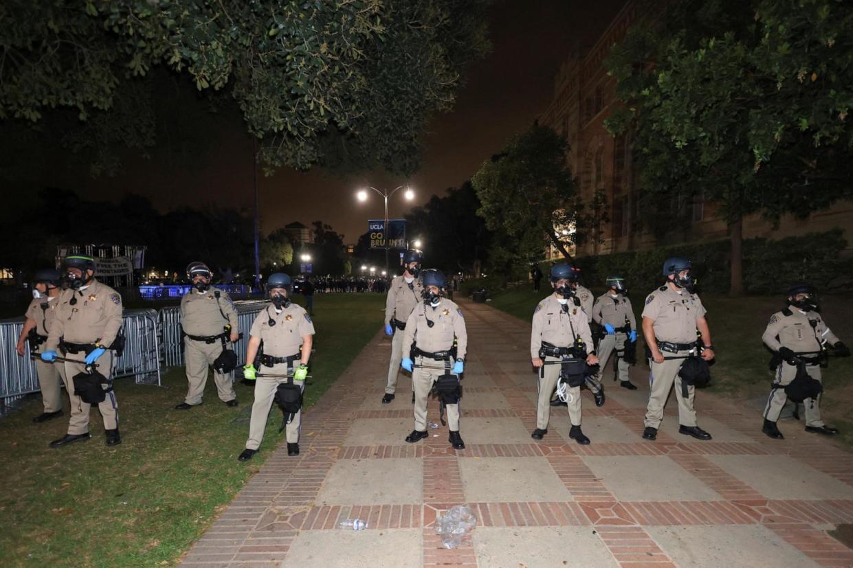 PHOTO: CHP officers hold the line near an encampment by supporters of Palestinians in Gaza, on the University of California, Los Angeles (UCLA) campus, May 1, 2024, in Los Angeles. (David Swanson/Reuters)