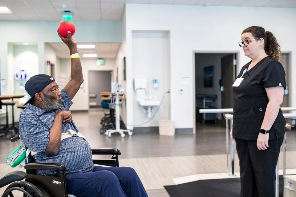 Chet Lemon works out during a session of physical therapy with physical therapist Michelle Viana at Encompass Health Rehabilitation Hospital in Clermont, Fla., on Thursday, May 23, 2024.