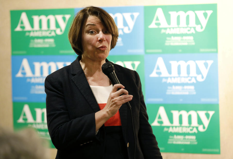 Democratic presidential candidate Sen. Amy Klobuchar, D-Minn., speaks to local residents during a meet and greet at a coffee shop, Saturday, May 25, 2019, in Iowa Falls, Iowa. (AP Photo/Charlie Neibergall)