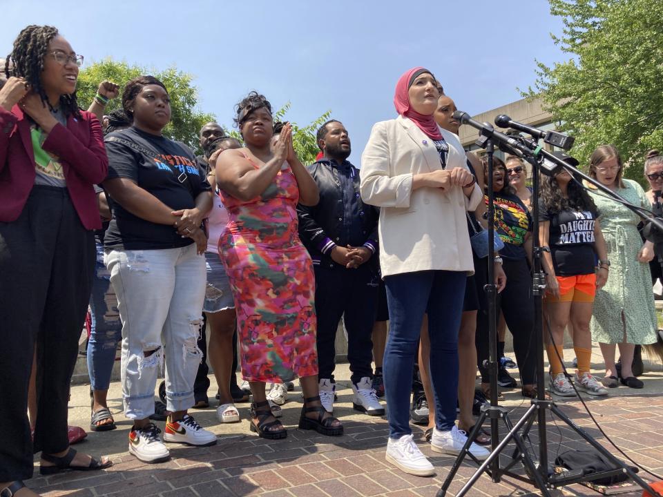 Linda Sarsour, co-founder of the activist group Until Freedom, speaks at a news conference in Louisville, Ky., on Monday, June 5, 2023 to announce a voter campaign in the Kentucky governor's race. Sarsour's group is leading the campaign aimed at defeating Kentucky Attorney General Daniel Cameron, the Republican nominee for governor. Taylor supporters have complained about Cameron's handling of the Taylor investigation in 2020. (AP Photo/Dylan Lovan)