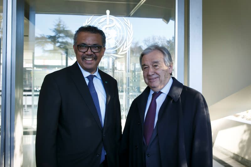 Director General of the World Health Organization (WHO), Tedros Adhanom Ghebreyesus welcomes U.N. Secretary General, Antonio Guterres at the World Health Organization headquarters in Geneva