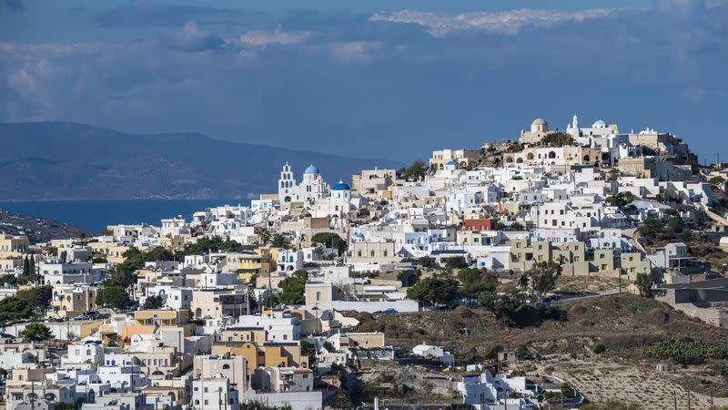 panorama of pyrgos, santorini, greece