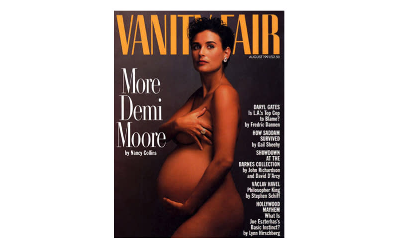 <p>Demi Moore was the A-lister who kick-started the trend of sharing pregnancy announcements with nude photographs (Mariah Carey and Britney Spears soon followed suit). Photographer Annie Leibovitz was behind the now-famous shot of the actress who she was expecting her second child, Scout, at the time. <em>[Photo: Vanity Fair]</em> </p>