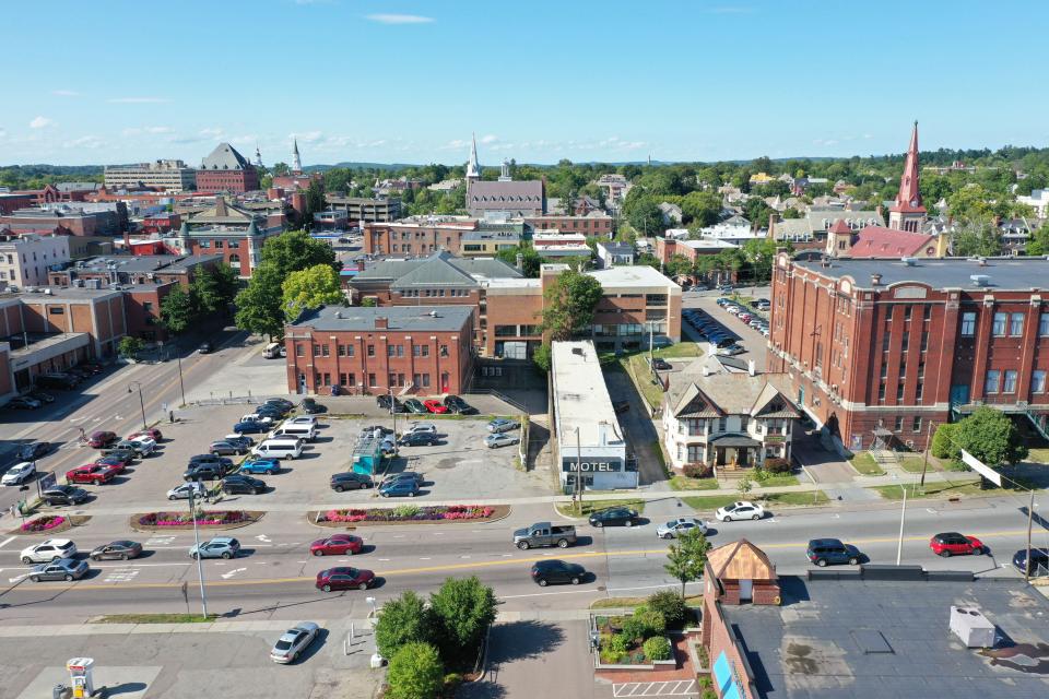 Burlington's "Super Block" — a stretch of Main Street bounded by South Winooski Avenue (left) and South Union Street (far right, beyond Memorial Auditorium) — is seen in this photograph taken Aug. 14, 2019.